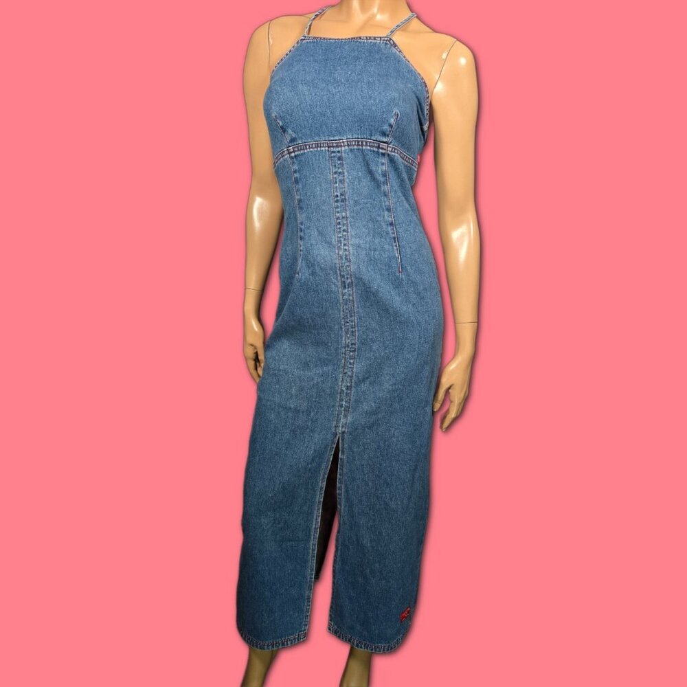 Vintage Hot Kiss Denim Maxi Dress Size XS Sleeveless High Slit Y2K 90s 2000s